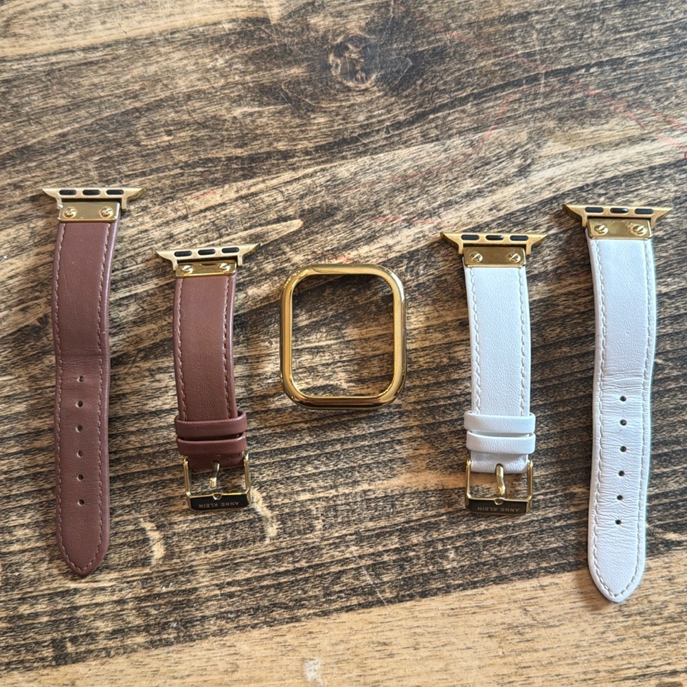 Anne Klein Apple Watch metal gold cover/ white leather and brown leather bands
